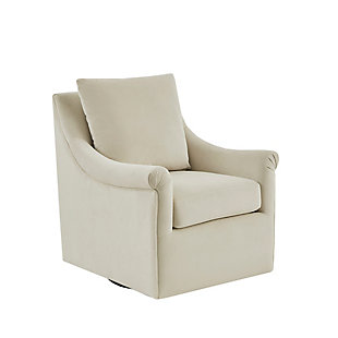 The curved arms and straight back of the Madison Park Deanna Swivel Chair adds a touch of glamour to any space. A swivel feature allows it to smoothly rotate on its base. Upholstered in cream-colored fabric, this lounge chair will be an eye-catching addition to your home.Made with wood | Metal base with black finish | Polyester upholstery | Foam filling | Swivel feature