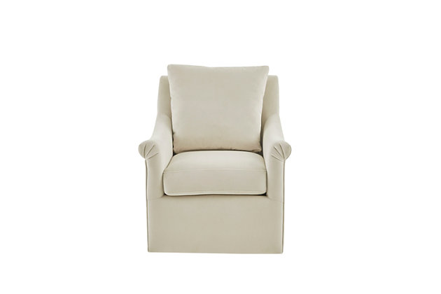 The curved arms and straight back of the Madison Park Deanna Swivel Chair adds a touch of glamour to any space. A swivel feature allows it to smoothly rotate on its base. Upholstered in cream-colored fabric, this lounge chair will be an eye-catching addition to your home.Made with wood | Metal base with black finish | Polyester upholstery | Foam filling | Swivel feature