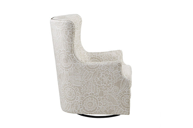 The Madison Park Ella Swivel Glider Chair elegantly combines style and comfort for the perfect addition to your living space. This oversized wingback-style chair features a tonal pattern in a rich cream hue for a refined transitional look. Button detailing on the high back and pewter-tone nailheads highlight the design. A swivel base allows the chair to rotate 360 degrees for superior comfort.Made with wood | Metal base with black finish | Polyester/linen upholstery | Cushion with foam filling; back with foam and polyfiber batting | Pewter-tone nailhead trim | 360-degree swivel