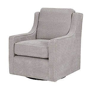 The Madison Park Harris Swivel Chair perfectly brings classic and contemporary together. Curved arms create a subtly stylish wingback look, while the soft gray upholstery is sure to please. What's more, the swivel feature allows the lounge chair to rotate on its black metal base for ultimate versatility.Made with wood | Metal base with black finish | Polyester upholstery | High-density foam filling | Swivel feature