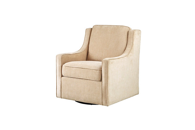 The Madison Park Harris Swivel Chair perfectly brings classic and contemporary together. Curved arms create a subtly stylish wingback look, while the soft cream-colored upholstery is sure to please. What's more, the swivel feature allows the lounge chair to rotate on its black metal base for ultimate versatility.Made with wood | Metal base with black finish | Polyester/nylon upholstery | High-density foam filling | Swivel feature