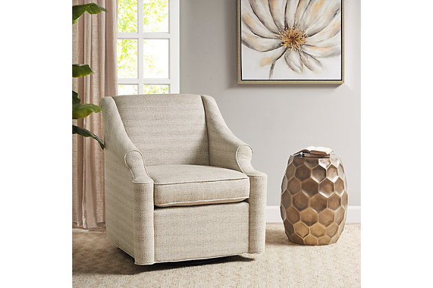 Enjoy the simple style and comfort of the Madison Park Justin Swivel Glider Chair. Upholstered in tonal jacquard fabric with subtle gray and cream-colored hues, it features round arms and a tight back for a chic, transitional look. The swivel glider base allows the chair to rotate 360 degrees and rock back and forth, while the removable cushion provides exceptional comfort.Made with wood | Polyester upholstery | Foam filling | Tonal jacquard fabric | 360-degree swivel | Tight back, loose seat