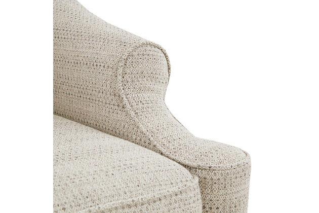 Enjoy the simple style and comfort of the Madison Park Justin Swivel Glider Chair. Upholstered in tonal jacquard fabric with subtle gray and cream-colored hues, it features round arms and a tight back for a chic, transitional look. The swivel glider base allows the chair to rotate 360 degrees and rock back and forth, while the removable cushion provides exceptional comfort.Made with wood | Polyester upholstery | Foam filling | Tonal jacquard fabric | 360-degree swivel | Tight back, loose seat