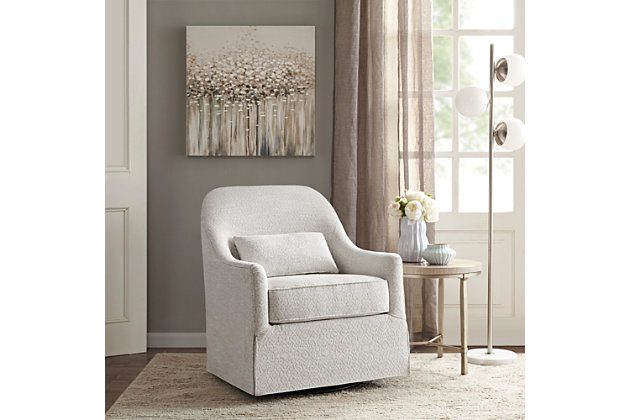 Sit back and relax in the cozy Madison Park Theo Swivel Glider Chair. The soft, rich-hued fabric and flared arms create a charming farmhouse look. A lumbar pillow and the removable seat cushion provide exceptional comfort and support. Able to fully rotate 360 degrees with the swivel base, this swivel glider chair gives your living space the perfect touch of comfort and style. Made with wood | Metal base with black finish | Polyester upholstery | Foam filling | 360-degree swivel | Removable seat cushion | Lumbar pillow included