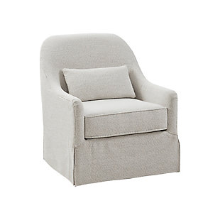 Sit back and relax in the cozy Madison Park Theo Swivel Glider Chair. The soft, rich-hued fabric and flared arms create a charming farmhouse look. A lumbar pillow and the removable seat cushion provide exceptional comfort and support. Able to fully rotate 360 degrees with the swivel base, this swivel glider chair gives your living space the perfect touch of comfort and style. Made with wood | Metal base with black finish | Polyester upholstery | Foam filling | 360-degree swivel | Removable seat cushion | Lumbar pillow included