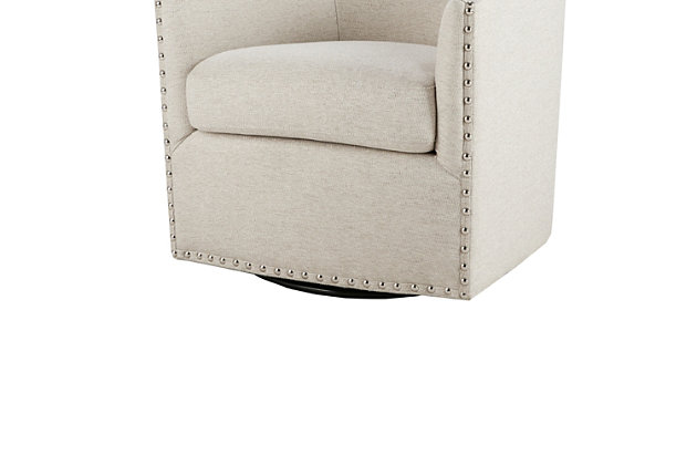 Relax in style with the Madison Park Tyler Swivel Chair. Its curved design and high-density foam cushion create a deep and comfortable seat, allowing for instant relaxation. Silvertone nailheads lining the arms and back add charm and style, while the swivel feature allows for easy mobility. Upholstered in a natural-colored fabric, this swivel chair fits in any room of your home.Made with wood | Metal base with black finish | Polyester upholstery | High-density foam filling | Silvertone nailhead trim | 360-degree swivel