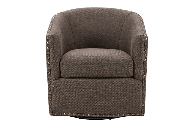 Relax in style with the Madison Park Tyler Swivel Chair. Its curved design and high-density foam cushion create a deep and comfortable seat, allowing for instant relaxation. Bronze-tone nailheads lining the arms and back add charm and style, while the swivel feature allows for easy mobility. Upholstered in a chocolate-colored fabric, this swivel chair fits in any room of your home.Made with wood | Metal base with black finish | Polyester upholstery | High-density foam filling | Bronze-tone nailhead trim | 360-degree swivel