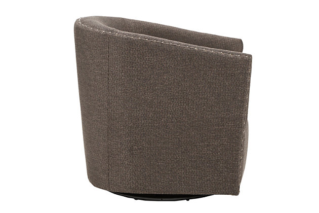 Relax in style with the Madison Park Tyler Swivel Chair. Its curved design and high-density foam cushion create a deep and comfortable seat, allowing for instant relaxation. Bronze-tone nailheads lining the arms and back add charm and style, while the swivel feature allows for easy mobility. Upholstered in a chocolate-colored fabric, this swivel chair fits in any room of your home.Made with wood | Metal base with black finish | Polyester upholstery | High-density foam filling | Bronze-tone nailhead trim | 360-degree swivel