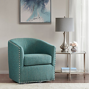 Relax in style with the Madison Park Tyler Swivel Chair. Its curved design and high-density foam cushion create a deep and comfortable seat, allowing for instant relaxation. Pewter-tone nailheads lining the arms and back add charm and style, while the swivel feature allows for easy mobility. Upholstered in a vivid teal fabric with indigo and gold accent colors, this swivel chair fits in any room of your home.Made with wood | Metal base with black finish | Polyester upholstery | High-density foam filling | Pewter-tone nailhead trim | 360-degree swivel