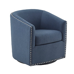 Relax in style with the Madison Park Tyler Swivel Chair. Its curved design and high-density foam cushion create a deep and comfortable seat, allowing for instant relaxation. Silvertone nailheads line the arms and back add charm and style, while the swivel feature allows for easy mobility. Upholstered in a rich blue fabric, this swivel chair fits in any room of your home.Made with wood | Metal base with black finish | Polyester upholstery | High-density foam filling | Silvertone nailhead trim | 360-degree swivel