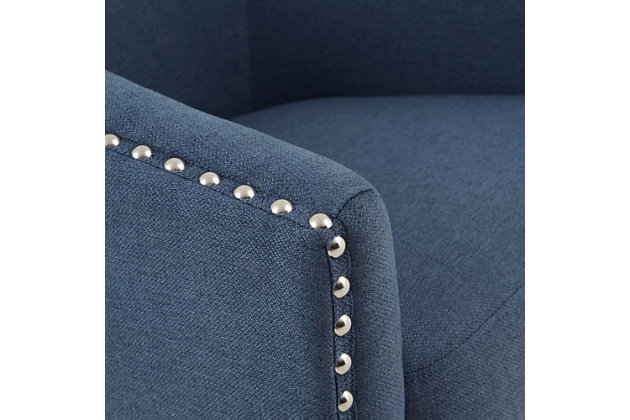 Relax in style with the Madison Park Tyler Swivel Chair. Its curved design and high-density foam cushion create a deep and comfortable seat, allowing for instant relaxation. Silvertone nailheads line the arms and back add charm and style, while the swivel feature allows for easy mobility. Upholstered in a rich blue fabric, this swivel chair fits in any room of your home.Made with wood | Metal base with black finish | Polyester upholstery | High-density foam filling | Silvertone nailhead trim | 360-degree swivel