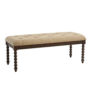 Elevate your space with the Madison Park Signature Beckett Accent Bench. A gray upholstered seat with tufting details creates a textural look, while its dark Morocco finish perfectly contrasts with the upholstery for a charming farmhouse look. Turned solid wood legs add an elegant finishing touch.Made with wood and engineered wood | Morocco finish | Polyester upholstery | Foam filling | Turned legs | Button tufting | Assembly required