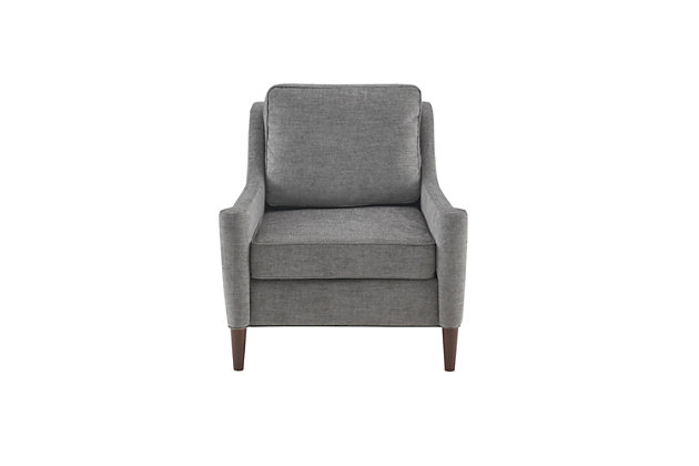 Simple yet elegant, the Madison Park Signature Windsor Lounge Chair provides an instant update to your home decor. This traditionally-styled chair features swoop arms and tapered legs to create a chic silhouette. Dark gray upholstery contrasts beautifully with the Morocco finish on the wood legs, making this comfy-cozy seat a must-have stylish staple.Made with wood | Legs with Morocco finish | Polyester upholstery | Foam filling | Curved arms | Loose back and seat cushions | Assembly required