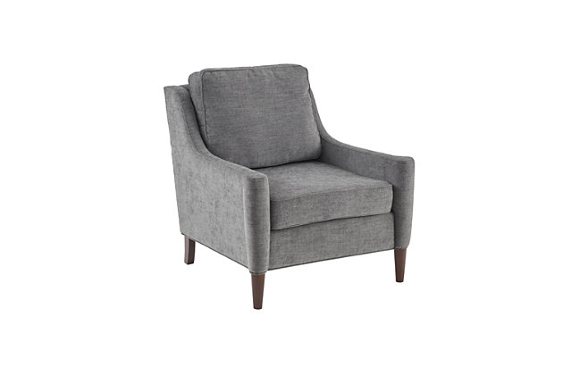 Simple yet elegant, the Madison Park Signature Windsor Lounge Chair provides an instant update to your home decor. This traditionally-styled chair features swoop arms and tapered legs to create a chic silhouette. Dark gray upholstery contrasts beautifully with the Morocco finish on the wood legs, making this comfy-cozy seat a must-have stylish staple.Made with wood | Legs with Morocco finish | Polyester upholstery | Foam filling | Curved arms | Loose back and seat cushions | Assembly required