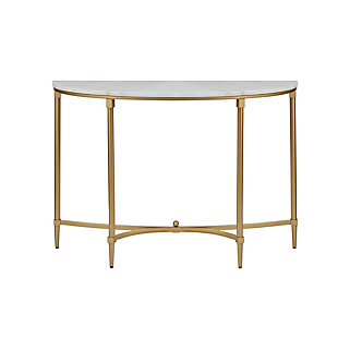 The Madison Park Signature Bordeaux Console Table transforms your living room with its sophisticated traditional style. Flaunting a high-class look, it showcases a white marble tabletop with beautifully coordinating goldtone metal legs. Slip this elegant table into your living room or entryway to bring a glamorous allure to your decor.Made of marble and wood | Metal legs with goldtone finish | Assembly required