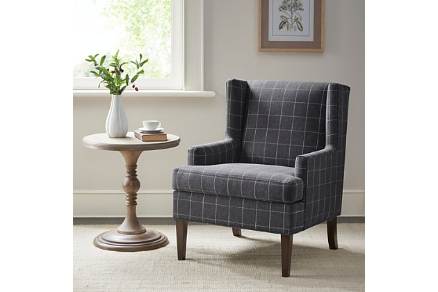 Complement your living room with farmhouse charm of the Martha Stewart Decker Accent Chair. It's upholstered in a patterned charcoal-hued fabric for a chic, modern look. A dark finish on the legs coordinates with the upholstery, completing the handsome design.Made with wood | Legs with dark coffee-colored finish | Polyester/acrylic/linen upholstery | Foam filling | Assembly required