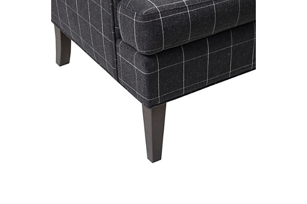 Complement your living room with farmhouse charm of the Martha Stewart Decker Accent Chair. It's upholstered in a patterned charcoal-hued fabric for a chic, modern look. A dark finish on the legs coordinates with the upholstery, completing the handsome design.Made with wood | Legs with dark coffee-colored finish | Polyester/acrylic/linen upholstery | Foam filling | Assembly required