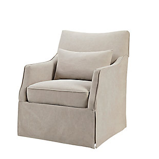 The Martha Stewart London Swivel Chair introduces simple coziness to your living room decor. Upholstered in soft beige fabric with a removable seat cushion, it provides exceptional comfort. The swivel base allows the chair to fully rotate 360 degrees, while the skirted bottom helps conceal it for a transitional look. Made with wood | Metal base with black finish | Polyester/cotton upholstery  | Foam filling | Loose seat cushion | Lumbar pillow included | Assembly required