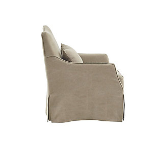 The Martha Stewart London Swivel Chair introduces simple coziness to your living room decor. Upholstered in soft tan fabric with a removable seat cushion, it provides exceptional comfort. The swivel base allows the chair to fully rotate 360 degrees, while the skirted bottom helps conceal it for a transitional look. Made with wood | Metal base with black finish | Polyester/cotton upholstery  | Cushion with foam filling; back with foam and polyfiber batting | Loose seat cushion | Lumbar pillow included | Assembly required