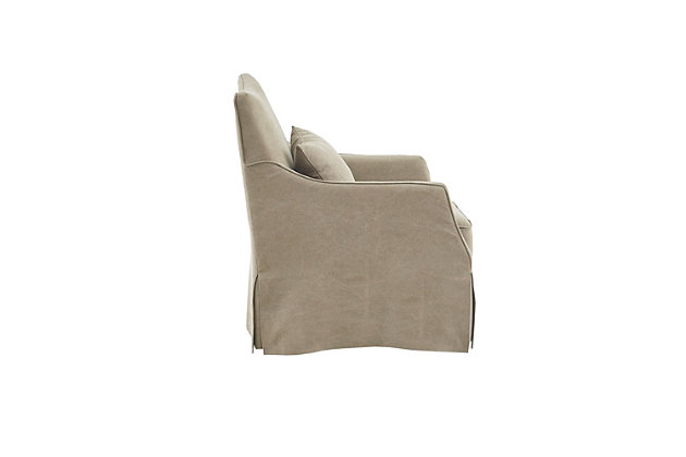 The Martha Stewart London Swivel Chair introduces simple coziness to your living room decor. Upholstered in soft tan fabric with a removable seat cushion, it provides exceptional comfort. The swivel base allows the chair to fully rotate 360 degrees, while the skirted bottom helps conceal it for a transitional look. Made with wood | Metal base with black finish | Polyester/cotton upholstery  | Cushion with foam filling; back with foam and polyfiber batting | Loose seat cushion | Lumbar pillow included | Assembly required