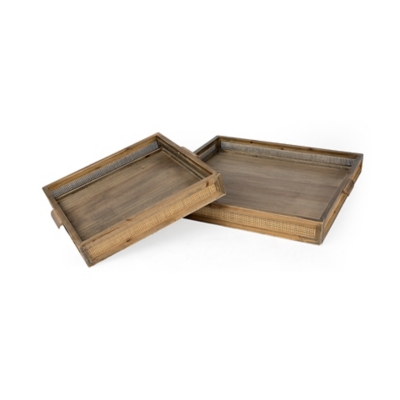 Mercana Brown Wood and Wicker Square Trays (Set of 2), , large