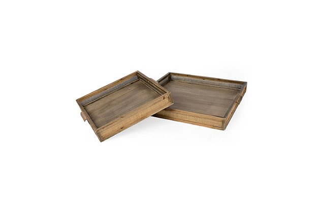 These thin but wide trays measure 23.6" long by 23.6" wide by 2.0" high. The Sonny trays have wicker weaving details on all four sides of the tray, and wood on the bottom. These trays are finished in a beautiful light brown color with small wooden handles on the sides. Featuring a tropical inspired design with the Sonny's mix of materials and colors, this box set makes for a gorgeous addition to spaces based on the tropical design style.Wicker weaving details on all 4 sides and fir wood on bottom | Beautiful light brown finish with small wooden handles on sides | Tropical inspired design with Sonny's mix of materials and colors; a gorgeous addition to spaces based on the tropical design style | Tropical inspired design with Sonny's mix of materials and colors; a gorgeous addition to spaces based on the tropical design style