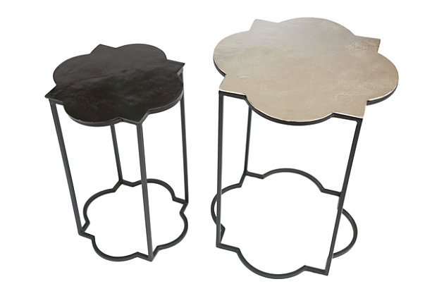 Let your style take shape with this pair of black and white accent tables. Distinctive quatrefoil design, sturdy iron frames and easy-care aluminum tops make them a dynamic duo.Set of 2 | Aluminum tops with white and black finishes | Iron frames