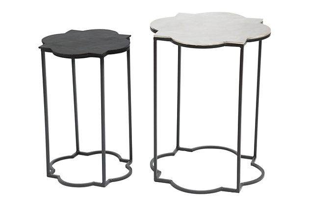 Let your style take shape with this pair of black and white accent tables. Distinctive quatrefoil design, sturdy iron frames and easy-care aluminum tops make them a dynamic duo.Set of 2 | Aluminum tops with white and black finishes | Iron frames