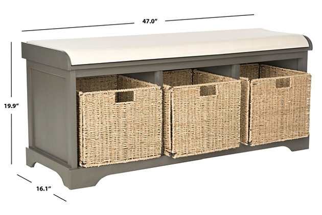 The Lonan storage bench is the perfect perch for removing boots or garden shoes in an entry hall.  Crafted of pine in a handsome gray finish, this useful piece has three removable storage bins of woven rattan and a flip-top seat covered in white cotton.Made of pine wood; cotton wrapped foam cushion | Gray finish | Flip-top seat with white upholstery | 3 woven rattan storage bins | Assembly required