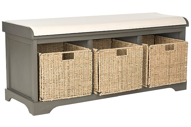 The Lonan storage bench is the perfect perch for removing boots or garden shoes in an entry hall.  Crafted of pine in a handsome gray finish, this useful piece has three removable storage bins of woven rattan and a flip-top seat covered in white cotton.Made of pine wood; cotton wrapped foam cushion | Gray finish | Flip-top seat with white upholstery | 3 woven rattan storage bins | Assembly required