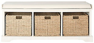 The Lonan storage bench is the perfect perch for removing boots or garden shoes in an entry hall.  Crafted of pine in a handsome white finish, this useful piece has three removable storage bins of woven rattan and a flip-top seat covered in white cotton.Made of pine wood; cotton wrapped foam cushion | White finish | Flip-top seat with white upholstery | 3 woven rattan storage bins | Assembly required