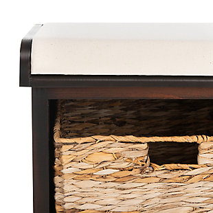 Sit back and relax.  This pretty storage bench with dark brown pine frame and linen upholstered seat is perfect for changing shoes in entry hall, and its woven baskets can hold towels and other necessities in a master bath. A versatile piece in any room.Made of pine wood; linen wrapped sponge cushion | Vintage white finish | 2 woven storage baskets