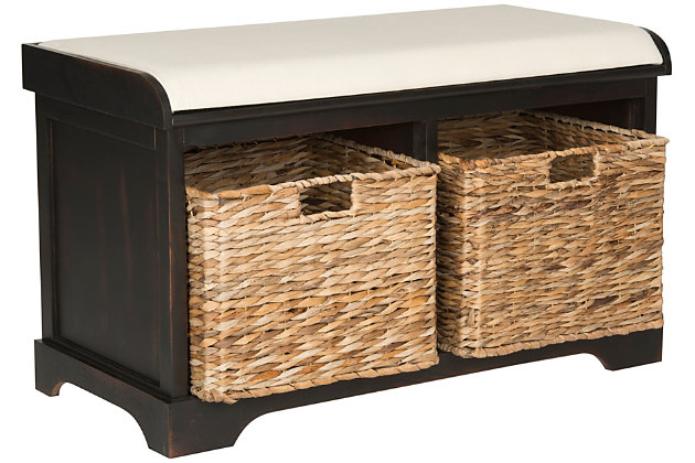 Sit back and relax.  This pretty storage bench with dark brown pine frame and linen upholstered seat is perfect for changing shoes in entry hall, and its woven baskets can hold towels and other necessities in a master bath. A versatile piece in any room.Made of pine wood; linen wrapped sponge cushion | Vintage white finish | 2 woven storage baskets