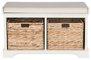 Sit back and relax.  This pretty storage bench with distressed white pine frame and linen upholstered seat is perfect for changing shoes in entry hall, and its woven baskets can hold towels and other necessities in a master bath. A versatile piece in any room.Made of pine wood; linen wrapped sponge cushion | Vintage white finish | 2 woven storage baskets