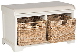 Sit back and relax.  This pretty storage bench with distressed white pine frame and linen upholstered seat is perfect for changing shoes in entry hall, and its woven baskets can hold towels and other necessities in a master bath. A versatile piece in any room.Made of pine wood; linen wrapped sponge cushion | Vintage white finish | 2 woven storage baskets