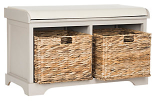 Sit back and relax.  This pretty storage bench with vintage gray pine frame and linen upholstered seat is perfect for changing shoes in entry hall, and its woven baskets can hold towels and other necessities in a master bath. A versatile piece in any room.Made of pine wood; linen wrapped sponge cushion | Vintage white finish | 2 woven storage baskets