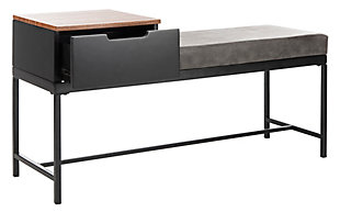Designed with minimalist lines and a warm touch, this contemporary bench with storage is perfect for any entryway. Constructed with light brown wood and black metal, its generous drawer and layered tops offer flexible, smart seating and organization.Made of wood and metal; polyurethane wrapped foam cushion | Light brown finished top | Black finished frame | 1 drawer | Layered tops | Assembly required