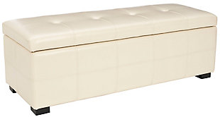 Additional seating and storage is always welcome, and the Maiden large tufted storage bench offers both. Crafted with birch wood in a black finish and flat cream bicast leather, this super-sized piece brings just as much style as it does substance.Made of birch wood and bicast leather | Cream upholstery | Black finish on feet | Tufted design