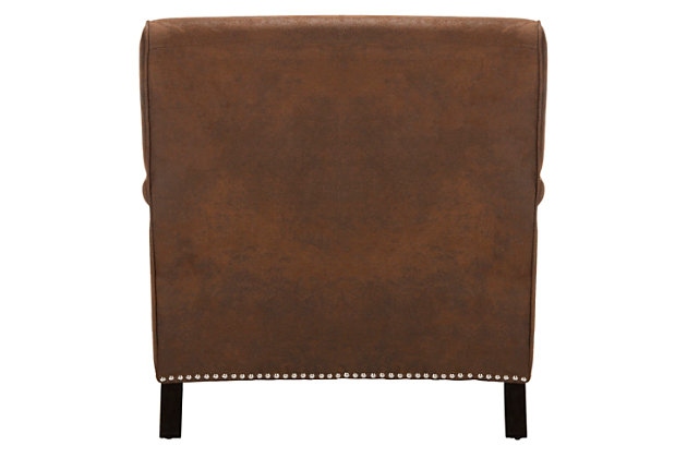 Sit back and relax in an inviting brown club chair upholstered in faux leather fabric with all the amenities of an English antique, from easy -glide casters to silvertone nailhead trim. This chair sits on curvy birch wood legs in a striking espresso finish.Made of birch wood, stainless steel, polyester and soft polyfill | Brown upholstery | Silvertone nailhead trim | Casters for easy mobility | Espresso finish on legs | Assembly required