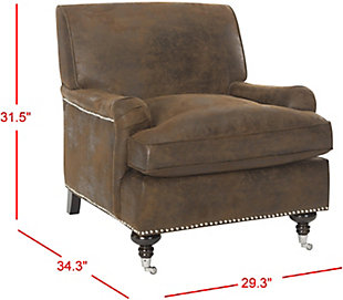 Sit back and relax in an inviting brown club chair upholstered in faux leather fabric with all the amenities of an English antique, from easy -glide casters to silvertone nailhead trim. This chair sits on curvy birch wood legs in a striking espresso finish.Made of birch wood, stainless steel, polyester and soft polyfill | Brown upholstery | Silvertone nailhead trim | Casters for easy mobility | Espresso finish on legs | Assembly required