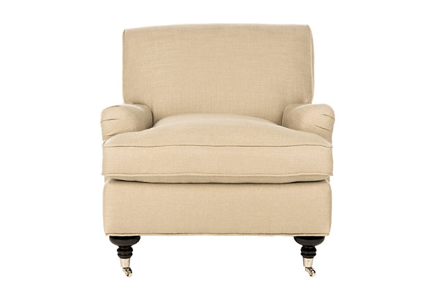 Sit back and relax in a beige linen weave upholstered club chair with all the amenities of an English antique, from plush cushions to dressmaker self-welting. This comfy arm chair sits on birch wood legs in an espresso finish with metal toe caps.Made of birch wood, stainless steel, polyester/linen fabric and soft polyfill | Beige linen upholstery | Espresso finish on legs | Casters for easy mobility | Assembly required