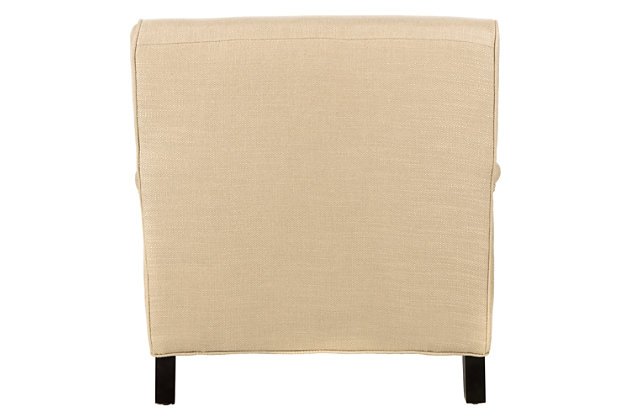 Sit back and relax in a beige linen weave upholstered club chair with all the amenities of an English antique, from plush cushions to dressmaker self-welting. This comfy arm chair sits on birch wood legs in an espresso finish with metal toe caps.Made of birch wood, stainless steel, polyester/linen fabric and soft polyfill | Beige linen upholstery | Espresso finish on legs | Casters for easy mobility | Assembly required