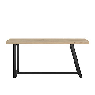 Show off your style right as you walk through the door with the Novogratz Palomino Asymmetrical Bench. The unique asymmetrical metal base features a black finish that adds a modern feel and pairs with the neutral light brown woodgrain finish on the laminated particleboard and hollow core bench seat. The bench can support up to 200 lbs. and gives you a comfortable spot to take off your shoes after a long day. The fun, retro design is perfect for both modern and traditional rooms. The Bench ships flat to your door and requires assembly upon opening. Two adults are recommended to assemble. Once assembled, the Bench measures to be 18.2"H x 41.9"W x 15.47"D.Add a fun, retro twist to your entryway with the novogratz palomino asymmetrical bench | Made of laminated particleboard and hollow core with a sturdy metal base, the black base adds a modern feel and pairs with the light brown woodgrain finish of the bench seat | The bench offers an ideal spot to take your shoes off after a long day | The fun asymmetrical design is perfect for mid-century modern rooms | The bench ships flat to your door and 2 adults are recommended to assemble. The bench can support up to 200 lbs. Assembled dimensions: 18.2"h x 41.9"w x 15.47"d | 1 year limited warranty is included