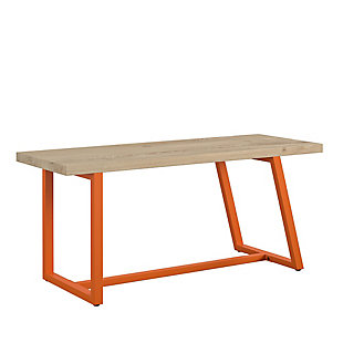 Show off your style right as you walk through the door with the Novogratz Palomino Asymmetrical Bench. The unique asymmetrical metal base features an orange finish that adds a fun pop of color and pairs with the neutral light brown woodgrain finish on the laminated particleboard and hollow core bench seat. The bench can support up to 200 lbs. and gives you a comfortable spot to take off your shoes after a long day. The fun, retro design is perfect for both modern and traditional rooms. The Bench ships flat to your door and requires assembly upon opening. Two adults are recommended to assemble. Once assembled, the Bench measures to be 18.2"H x 41.9"W x 15.47"D.Add a fun, retro twist to your entryway with the novogratz palomino asymmetrical bench | Made of laminated particleboard and hollow core with a sturdy metal base, the orange base adds a fun pop of color and pairs with the light brown woodgrain finish of the bench seat | The bench offers an ideal spot to take your shoes off after a long day | The fun asymmetrical design is perfect for mid-century modern rooms | The bench ships flat to your door and 2 adults are recommended to assemble. The bench can support up to 200 lbs. Assembled dimensions: 18.2"h x 41.9"w x 15.47"d | 1 year limited warranty is included