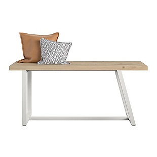 Show off your style right as you walk through the door with the Novogratz Palomino Asymmetrical Bench. The unique asymmetrical metal base features a white finish that adds a modern feel and pairs with the neutral light brown woodgrain finish on the laminated particleboard and hollow core bench seat. The bench can support up to 200 lbs. and gives you a comfortable spot to take off your shoes after a long day. The fun, retro design is perfect for both modern and traditional rooms. The Bench ships flat to your door and requires assembly upon opening. Two adults are recommended to assemble. Once assembled, the Bench measures to be 18.2"H x 41.9"W x 15.47"D.Add a fun, retro twist to your entryway with the novogratz palomino asymmetrical bench | Made of laminated particleboard and hollow core with a sturdy metal base, the white base adds a modern feel and pairs with the light brown woodgrain finish of the bench seat | The bench offers an ideal spot to take your shoes off after a long day | The fun asymmetrical design is perfect for mid-century modern rooms | The bench ships flat to your door and 2 adults are recommended to assemble. The bench can support up to 200 lbs. Assembled dimensions: 18.2"h x 41.9"w x 15.47"d | 1 year limited warranty is included