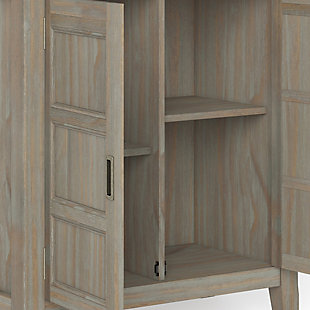 You like to be neat and tidy...that's good, so do we. We designed the Burlington Low Storage Cabinet to organize and enhance the design of your home. Two enclosed adjustable shelves offer the versatility to effortlessly organize and stow away anything you wish. Whether you use it to display your favorite knick knacks or tuck away all those toys, boxes, and extra linens the Burlington Low Storage Cabinet allows you to hide away the clutter behind beautifully designed wood doors. This beautiful and functional piece can be used in any room in your home.; Efforts are made to reproduce accurate colors, variations in color may occur due to computer monitor and photography; At Simpli Home we believe in creating excellent, high quality products made from the finest materials at an affordable price. Every one of our products come with a 1-year warranty and easy returns if you are not satisfiedDIMENSIONS: 14" D x 30" W x 31" H | Handcrafted with care using the finest quality solid wood | Hand-finished with a Farm House Grey stain and a protective NC lacquer coating to accentuate and highlight the grain and the uniqueness of each piece of furniture | Multipurpose cabinet offers plenty of functional storage. Looks great in your living room, entryway, bedroom ,dining room, condo or office | Features 2 panel doors that open to 2 adjustable shelves for versatile storage | Transitional design includes dupont edge top, slightly tapered legs, framed panel doors with antique bronze classic pulls | Assembly Required | We believe in creating excellent, high quality products made from the finest materials at an affordable price. Every one of our products come with a 1-year warranty and easy returns if you are not satisfied.
