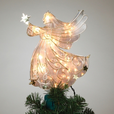 Gerson International Holiday Lighted Angel Tree Topper in Frosty Glass with Gold Outline, White