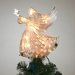 Holiday Lighted Angel Tree Topper In Frosty Glass With Gold Outline, , rollover