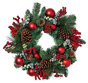 Holiday Pine Wreath With Ornaments, And Berry And Leaf Accents, , large