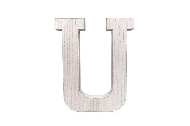Decorating a game room or nursery is as easy as A-B-C with decorative monogram letters. Made of engineered wood and painted white, they can be repainted or stained to fit your decor. Either standing upright on a flat surface or hanging on a wall, they can be used individually or grouped together to form initials or spell out a name, word or phrase. At nearly 16" tall, the letter A makes a bold appearance and leaves a lasting impression.Dimensions: 15.75 in. H x 12.25 in. W x 2.25 in. D. | Great for diy projects in your nursery room, children's playroom, living room, bedroom, bathroom, or kitchen. | Can stand on a flat surface such as a desk or coffee table or use the two keyhole anchors on back to hang the letter on the wall. | All 26 letters, plus the "and" symbol, to choose from. | Sold as each.